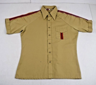 Винтажная футболка Leisure Wrangler размер L 80-х желтовато-коричневый красный синий через плечо карман полоски - Изображение 1 из 4