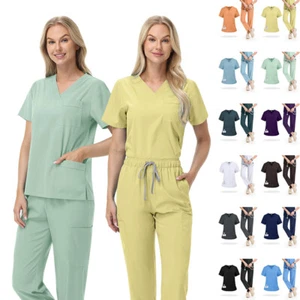4-Way Stretch Summer Medical Nursing Scrub Uniform Set Men Women V-Neck Straight - Picture 1 of 24