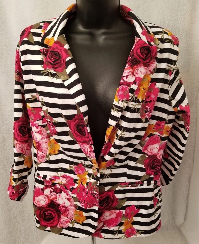 NY Collection Womens Blazer Coat Jacket Size M Medium Multicolor Striped Floral - Image 1 of 4