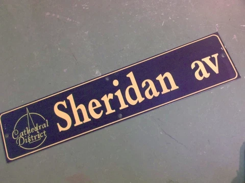 Vintage SHERIDAN AV Cathedral District Street Sign 42" X 9" -GOLD on NAVY Ground Cover