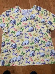 Scrub, Eeyore Bows and Hearts Uniform top, Women's XL w/ yellow background - Picture 1 of 3
