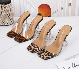 Women Sexy Leopard Transparent OpenToe High Perspex Diamond Heels Sandals Shoes - Picture 1 of 12