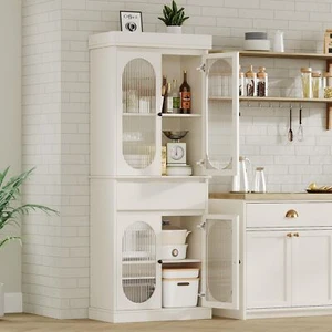 Kitchen Pantry Cabinet , Tall Cupboard Storage Cabinet with Glass Doors, Drawers - Picture 1 of 8