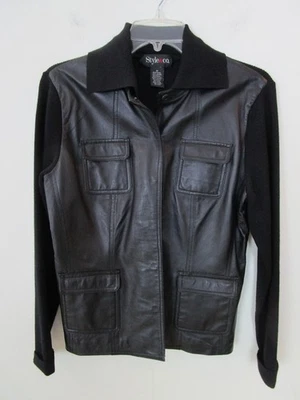 Y2K Black Leather Front Snap Closure Sweater Jacket Classic Retro Size MEDIUM - Image 1 of 4