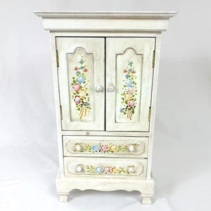 Vintage Shabby Chic Floral Painted White Wood Armoire Jewelry Box Cabinet 16” - Picture 1 of 9
