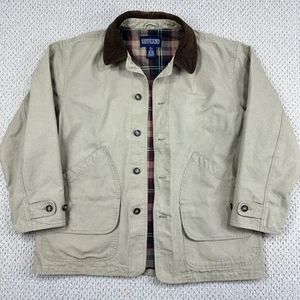 Vintage Lands End Barn Coat Mens L Khaki Tan Chore Field Jacket Flannel Lined - Picture 1 of 15