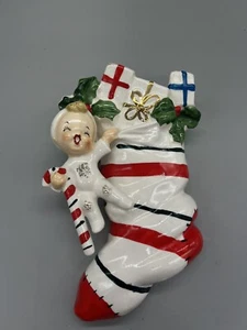 Norcrest Porzellan Weihnachtsstrumpf gestreift Wandtasche mit niedlichem Pixie - Bild 1 von 13
