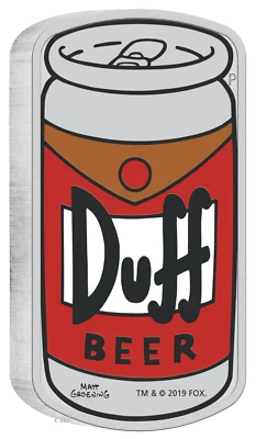 2019 The Simpsons Duff Beer Simpson 1oz $1 Silver 99.99% Proof Can Coin - Image 1 of 4