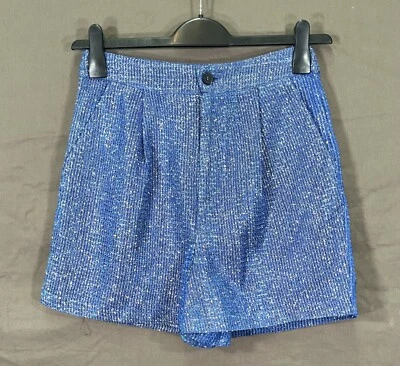 Nuevo con etiquetas PANTALONES CORTOS DORADOS Goldie Boutique AZUL BRILLO Malla PLISADA Alta Elevación MODA Talla S Foto 1 de 4