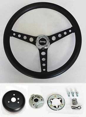 Classic Black on Black Steering Wheel 14 1/2" fits 1976-1995 Jeep CJ5 CJ7 YJ - Image 1 of 4