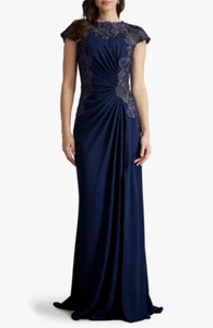 TADASHI SHOJI Embroidered Side Ruched Cap Sleeve Crepe Navy Gown Size 6 - Picture 1 of 5