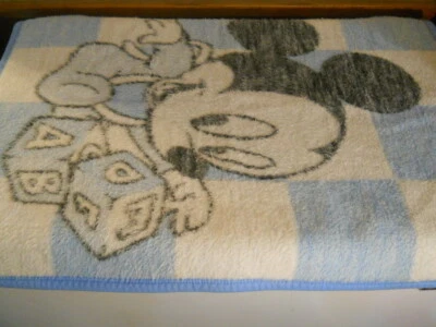 Vtg Biederlack Disney 1984 Mickey Mouse baby blanket throw ABC blocks 37 x 27" - Image 1 of 2