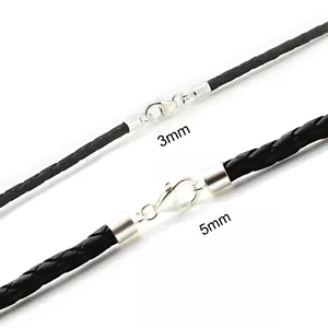 Mens Leather Necklace-Genuine Braided-Sterling Silver Clasp-Black-Size Choice - Picture 1 of 7