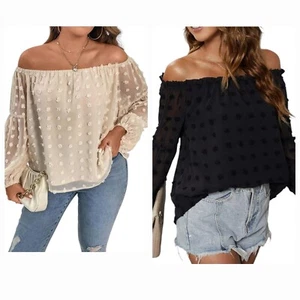 XL - Damen Tops, Schweizer Punkte Schulterfrei Laternenärmel Chiffon Bluse Bommel Shirts - Bild 1 von 13