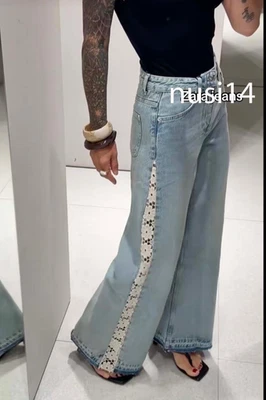 ZARA NEW WOMAN Z1975 HIGH WAIST WIDE LEG JEANS CROCHET FLORAL PANT 1889/153/427 - Image 1 of 4