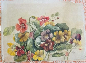 Antikes Aquarell von Blumen Stiefmütterchen von 1893 signiert ~ ungerahmt - Bild 1 von 4