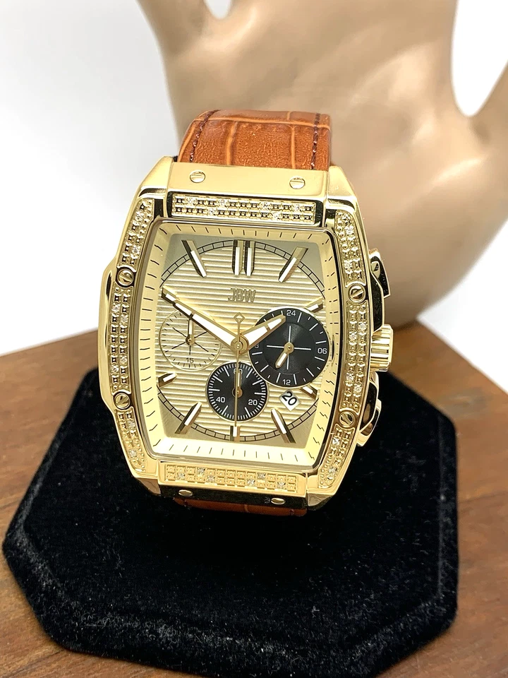 Мужские кварцевые часы-хронограф JBW J6379D с бриллиантами золотой циферблат коричневый кожаный ремешок - Изображение 1 из 4