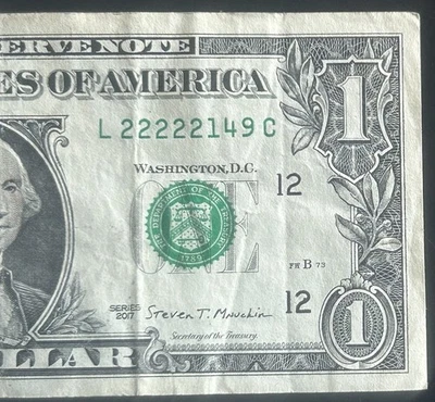 (5 IN A ROW!) $1 5 In A Row 2s Fancy Serial Number L22222149C Series 2017 - Image 1 of 3