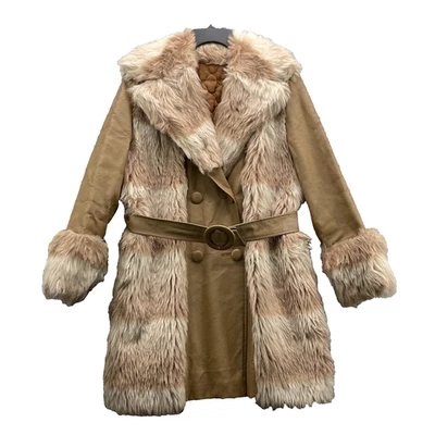 Abrigo de cuero vegano vintage de piel sintética para mujer con cinturón mediano ribete de piel boho años 70 Y2k Foto 1 de 4