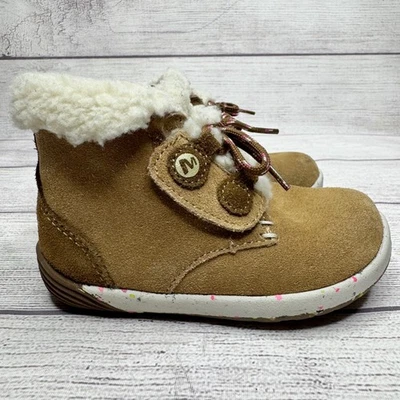 Merrell Kids Tan Suede Lace Up Winter Boots Fur Lined Size Girls Toddler 7W - Image 1 of 4