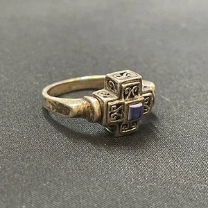 Rare Vintage 925 Sterling Silver Filigree Square Lapis Cross Flip Ring Size 7 - Picture 1 of 12