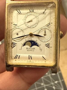 Bulova T1 Triple Calendar Moon Phase Men’s Watch Cracked Crystal For Repair Runs - Picture 1 of 12