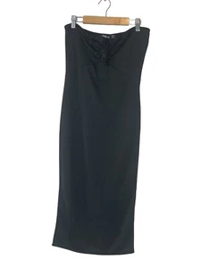Boohoo Womens Dress 8 Black Tie Front Strapless Midi Bodycon - Picture 1 of 7