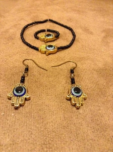 set of Bronze Hamsa Hand Black crystal & Evil Eye : Bracelet & ring & earring - Picture 1 of 8
