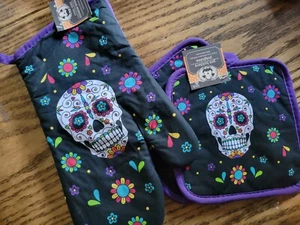 NEU 3 Stck. Halloween Zuckerschädel Set 2 Küchentopfhalter & Ofenhandschuh gesteppt - Bild 1 von 4