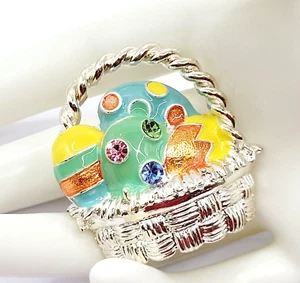 Modern Easter Basket Enamel & Rhinestone Eggs Silver Tone Weave Wrap Brooch Pin - Picture 1 of 24