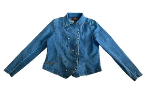 Harley Davidson Double Breasted Denim Women Biker Jacket Peacoat Sz L - Picture 1 of 9
