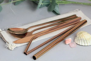 Steel Cutlery Set + 3 Straws in Pouch Reusable Portable Travel Rose Gold Copper - Picture 1 of 7