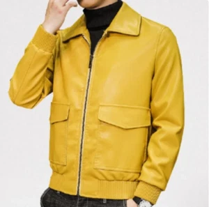 Men’s Handmade Cargo Pockets Yellow Leather Fashion Jacket For Men - Picture 1 of 3