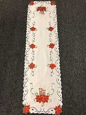 Christmas Holiday Party Red Poinsettia Embroidered Lace Table Placemat Runner - Image 1 of 4