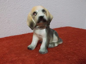 VINTAGE TAN & GREY  BEAGLE DOG FIGURINE w/ METAL TAG...made in JAPAN - Picture 1 of 6