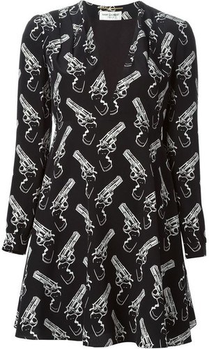 SAINT LAURENT (YSL) Mini abito SAINT LAURENT nero avorio stampa pistola manica lunga