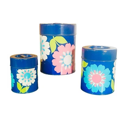 Vintage Flower Power Metal Nesting Canister Set Blue Pink Green 70s Nevco Japan - Image 1 of 4