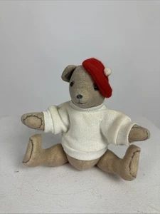 Peluche orso fagiolo 1984 giocattolo vintage funzionante che indossa berretto rosso e maglione - Foto 1 di 9