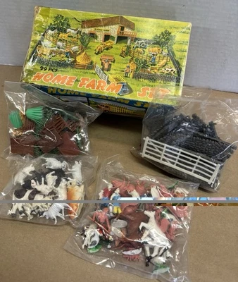 老式家庭农场套装玩具套装带栅栏树人动物-不完整 — 第 1/4 张图片