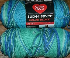 2 madejas Red Heart Super Saver 10oz E308 9501 Verde azulado líquido BLOQUE DE COLOR 482yds - Imagen 1 de 2