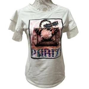Camiseta Paris Fashion Boutique Manga Tul Blanca Ajustada Gráfica, Grande...NUEVA SIN ETIQUETAS - Imagen 1 de 12