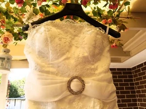 Beautiful lace trumpet mermaid wedding gown with a long bow and a train. - Picture 1 of 12