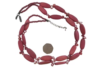 East Signed Red Wood Pink Baroque Pearl Double Strand Beaded Adjustable Necklace - Picture 1 of 24