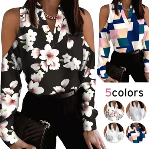 Womens V Neck Cold Shoulder Tunic T Shirt Tops Ladies Summer Party Blouse Shirts - Picture 1 of 14