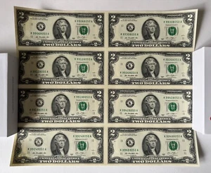 2 $ Zwei-Dollar-Scheine ungeschnittenes Währungsblatt - zwei Viererspalten, 8 Scheine - 16 $ - Bild 1 von 5