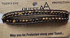QUEST AA PROSPERITY TIGER'S EYE Beads Triple Layer Bracelet leather Unisex  USA