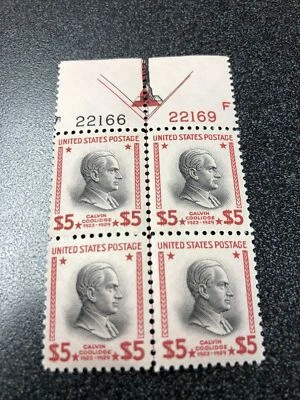 US 834 Calvin Coolidge $5 Plate Block Of 4 Superb Mint Never Hinged. - Image 1 of 4
