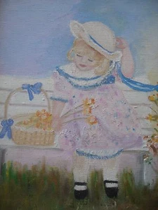 ORIGINAL OIL PAINTING TEXAS ARTIST DOROTHY THOMPSON Girl picking flowers ASHLEY - Picture 1 of 3