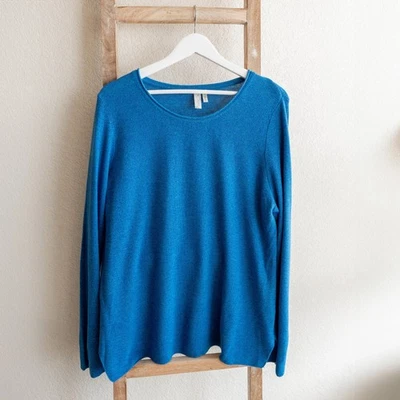 Sahalie 女式 L 码蓝色纹理毛衣长袖套衫侧开叉下摆 — 第 1/4 张图片