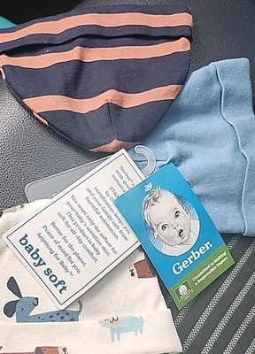 Boné gorro Gerber 3pk bebê recém-nascido menino filhote cachorro azul marrom 5-8lbs. - Imagem 1 de 4